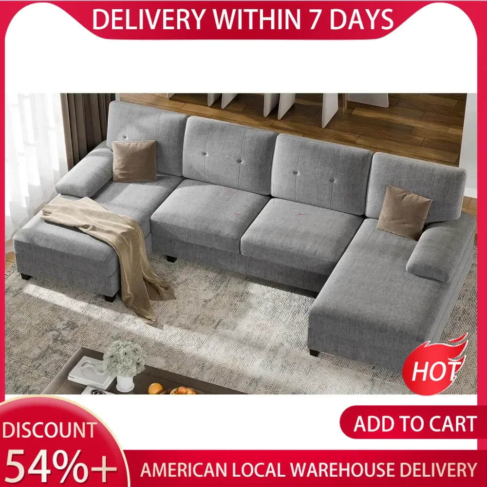 Sectional Couches for Living Room, U-Shaped Sofa Couch with Double Chaise, 4 Seat Sofa Set Modular Sofa Couch for Apartment