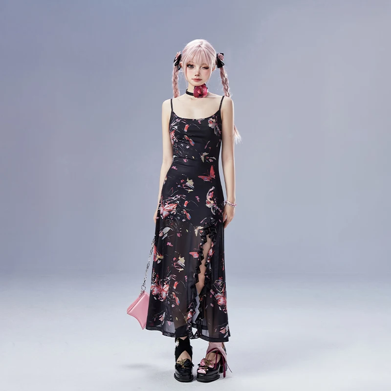 

Retro Lolita Spicy Girl Butterfly Fragmented Flower Dress For Women's Summer Beach Vacation Split Slim Slim Hanging Dress