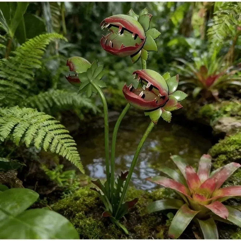 3-head venus flytrap garden stake metal wrought iron carnivorous plant stake rust-proof outdoor decor