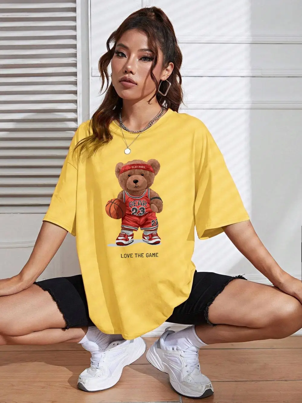 Teddy Bear 23 Love The Game Play Basketball Prints Womans T-Shirt Cotton Soft Tops Summer Casual Tee Shirts Loose O-Neck Clothes