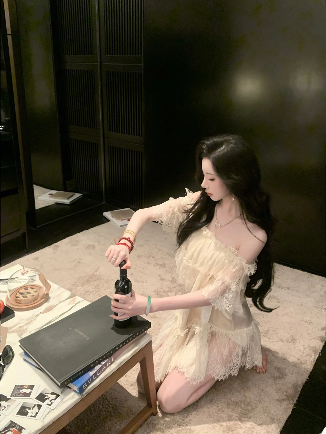 

Syqiao Cecilia Summer Pure Desire Lace Satin Splice One Shoulder Long Top Elegant Style Women's Polyester Blend Short Sleeve