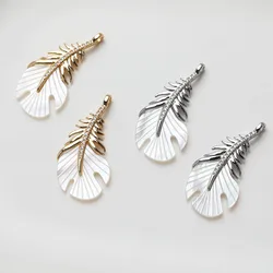 2pcs Natural Shell Feather shape Charms for Jewelry Making Necklace DIY Hand Brass 14K Gold Plated Accessories 17*34mm
