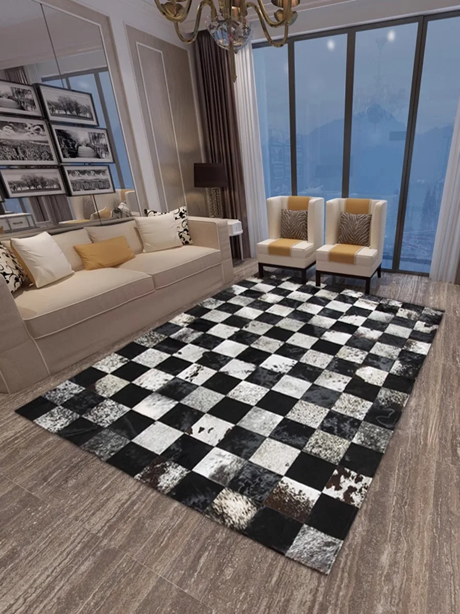

Simple Black White Plaid Carpet Living Room Handmade Real Cow Hide Area Rug Vintage Home American Style Carpet for Study Mat