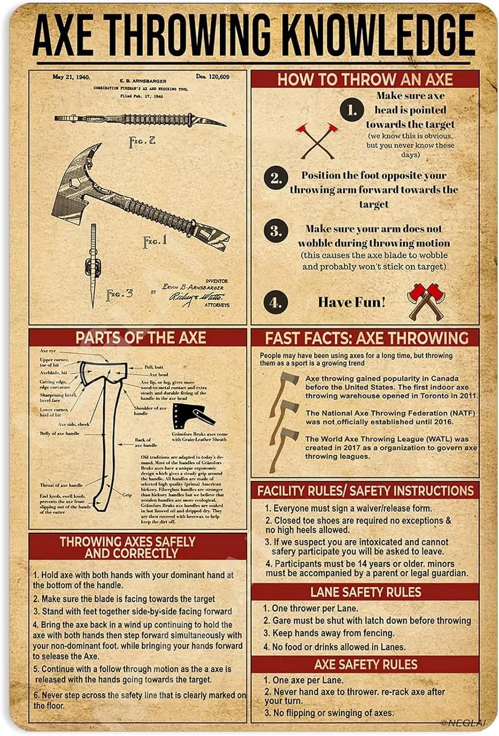 Axe Throwing Knowledge Metal Signs Poster, Wall decorations Vintage Decor 16x12 Inches