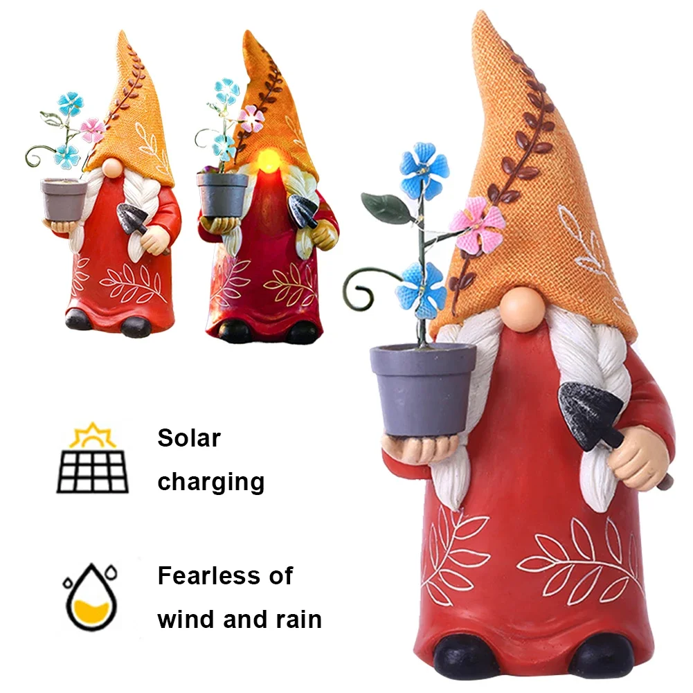 Funny Gnome Sculpture Holding Pot and Flower with Solar Lights Outdoor Dwarf Statue Lawn Light Gifts for Housewarming Festival