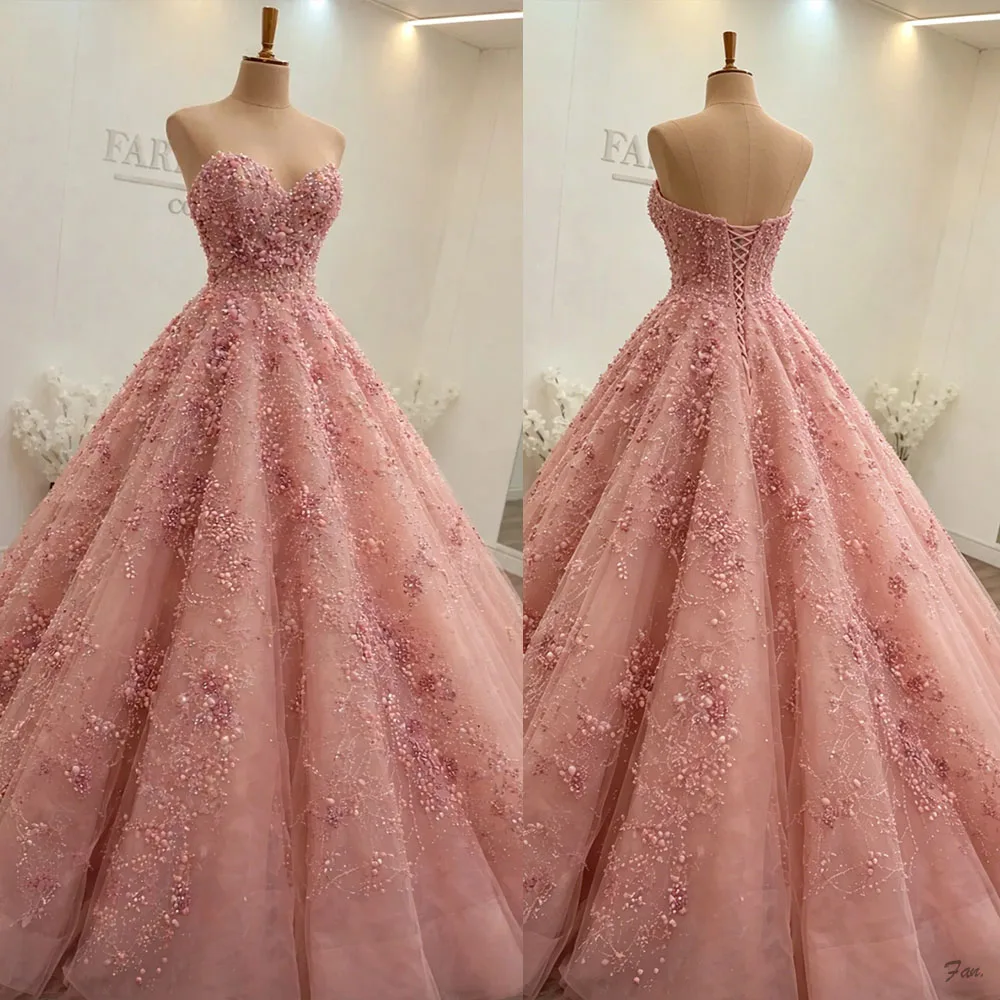 Noble Pink Women Prom Dresses Sweetheart A-Line Applique Flowers Beading Lace Up Formal Party Elegant Evening Gowns Customized