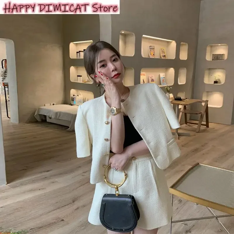 Womens Outifits Korean Shirt Blazers Wide Leg Shorts O Neck Short Sleeve Tweed Jacket Crop Cardigan Suits Two Piece Sets