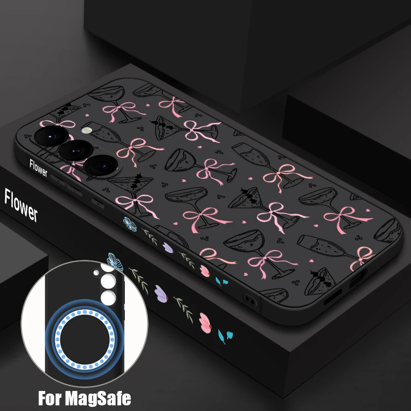 Magnetic Bowknots Pattern Case For Samsung Galaxy S26 S25 Ultra S24 S23 FE S22 Plus S21 Built-in Metal Plate Silicone Cover