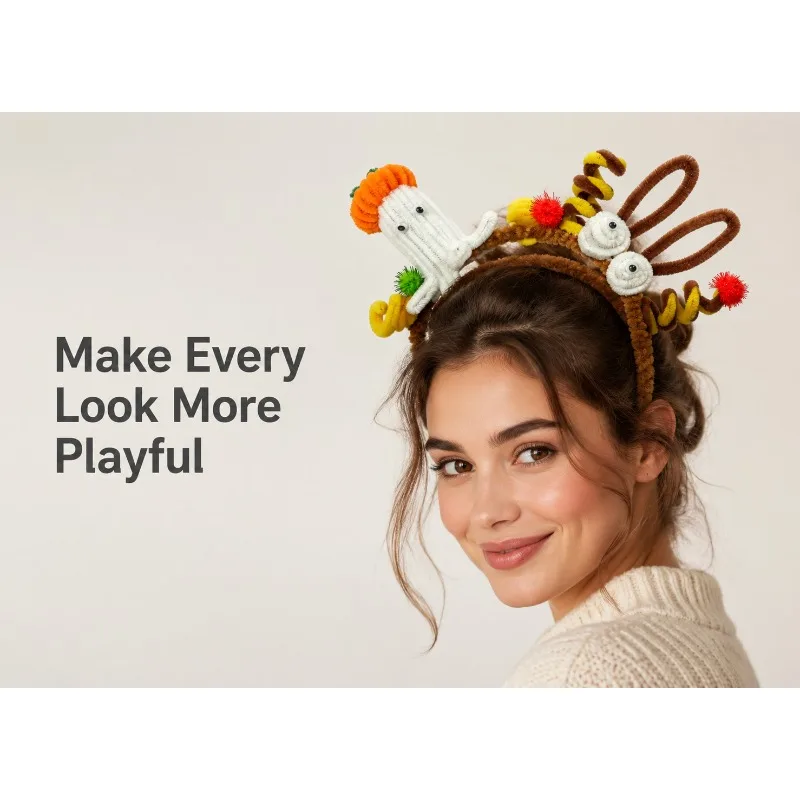 Handmade Chenille Ghost Pumpkin Antler Headband Halloween Hair Hoop Women Girls Cosplay Party Photo Hair Accessory