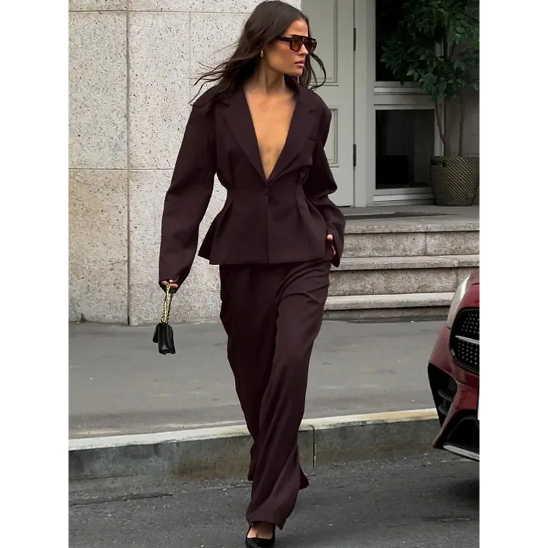 Women Formal Office Blazer Pants 2 Piece Sets Pleated Waist Cincher Slim Long Sleeve Jacket Wide Leg Trouser Commute Lady Outfit