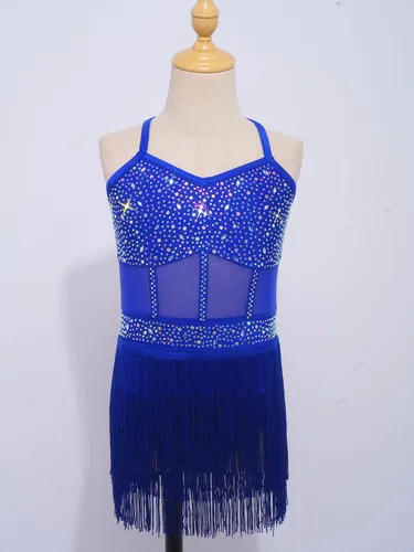 Imagen 2 del producto Vestido de leotardo de baile latino para niñas, traje de Tango Cha-cha Samba con diamantes de imitación, mono de una pieza con flecos de malla transparente, Ropa de baile de Jazz