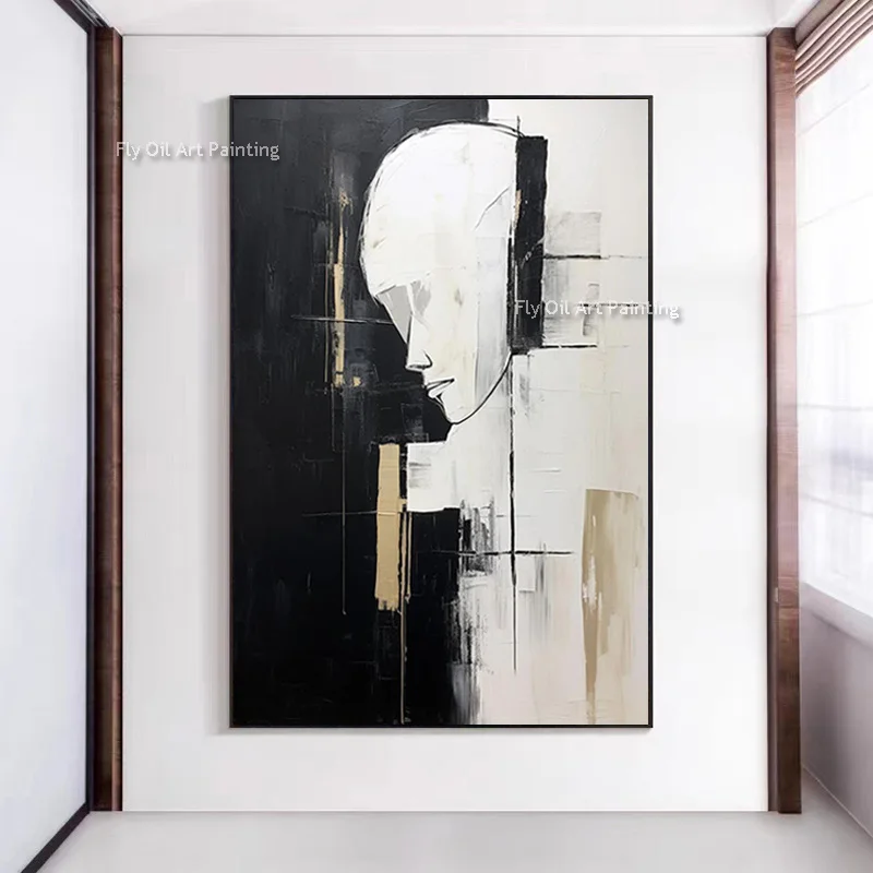 Handmade Abstract Artwork People Head Canvas Oil Painting Black And White Abstract Wall Art New Design Living Room Decor