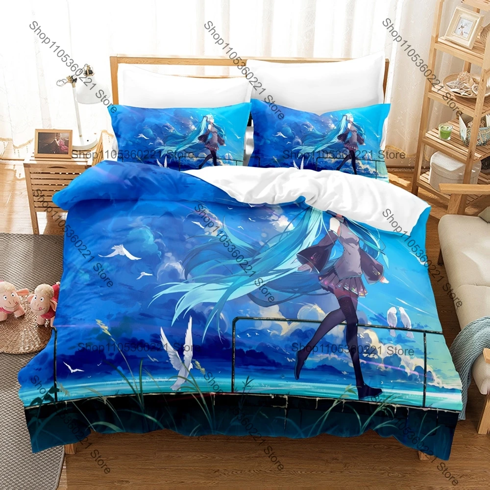 Cool 2026 Miku-01 3Pcs Bedding Set Kpop Printed Duvet Cover Pillowcase Bed Sheet Home Textile Cute Virtual Idol Teens Kpop Fan