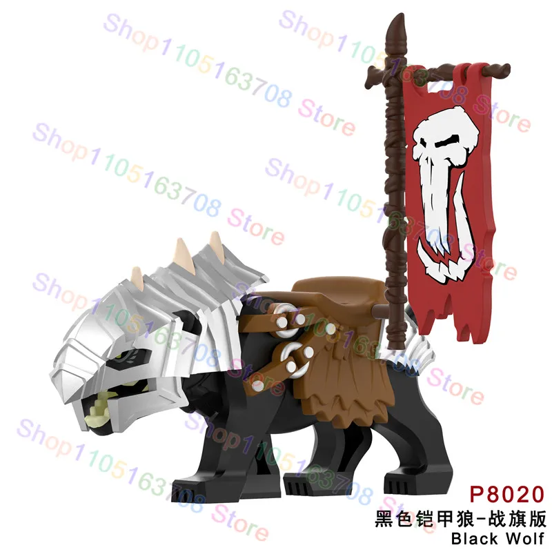 Blocs de construction d'armure de drapeau de montage de selle de loup militaire médiéval, accessoires de montage de cheval de guerre, briques, jouet cadeaux de noël