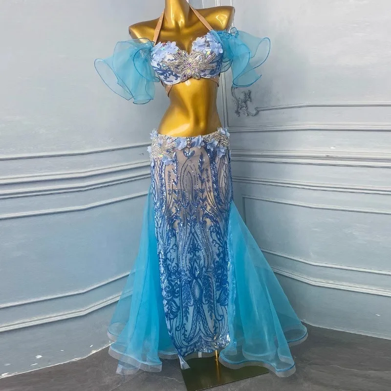 Customized Belly Dance Clothing Performance Dress Female 2025 New Set Eastern Dance Costumes Practice Dress Set Blue Bra Skirt