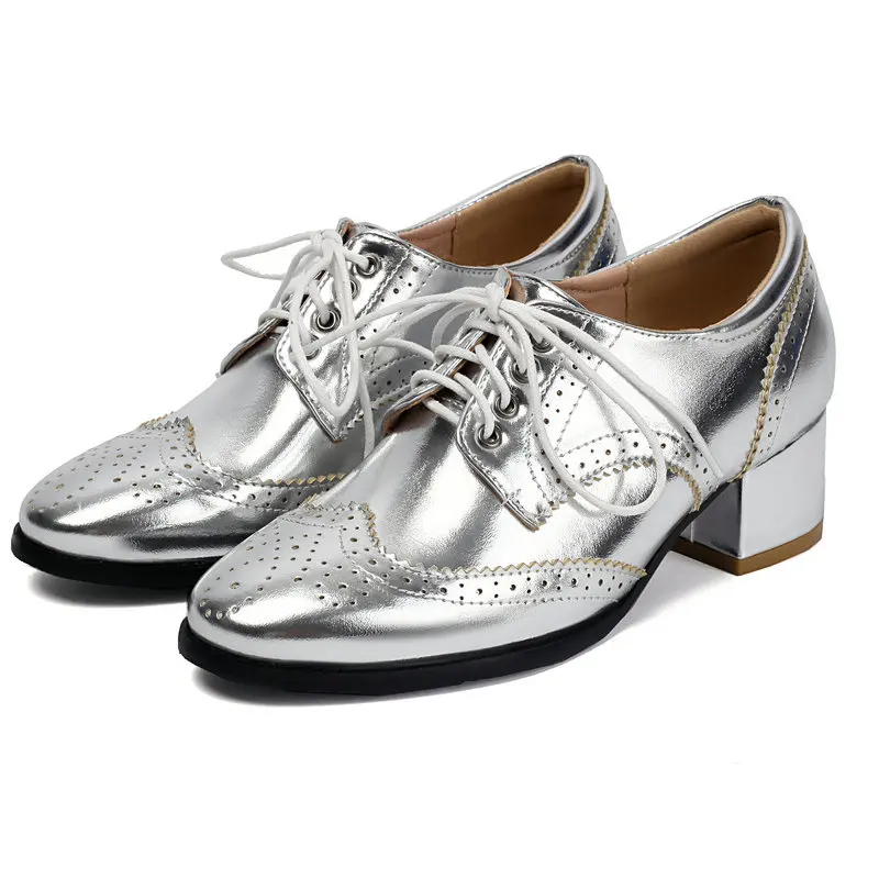 Metallic Silver Round Toe Women Brogue Shoes Lace-up Square Chunky High Heels British Retro Mature Derby Oxfords Pumps Spring