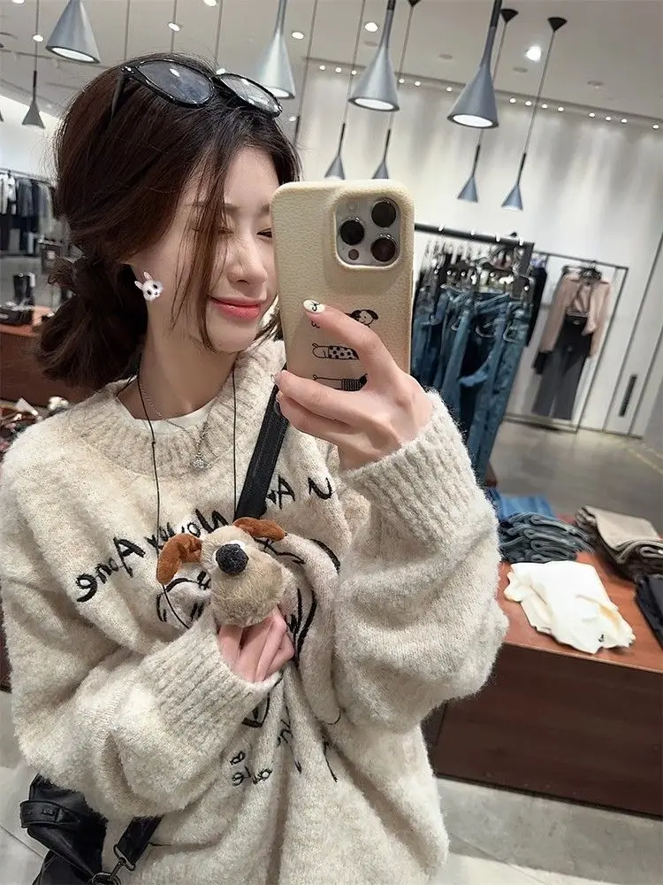 

Three-Dimensional Puppy Lazy Round Neck Retro Knitted Sweater Women Autumn Winter New Niche Design Loose Casual Top
