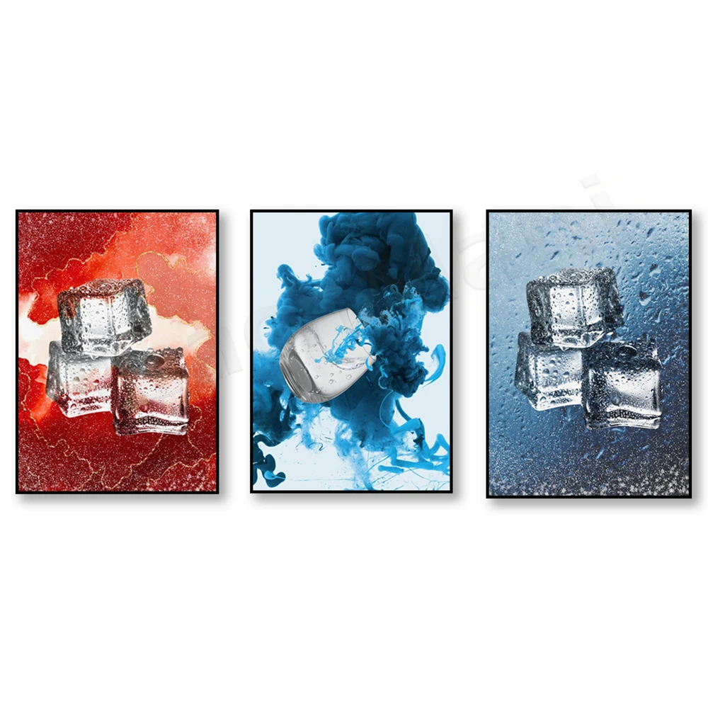 Ice cube art print, red drink, navy blue ice cubes, blue ink splatter poster, spilled glass art, bar decoration