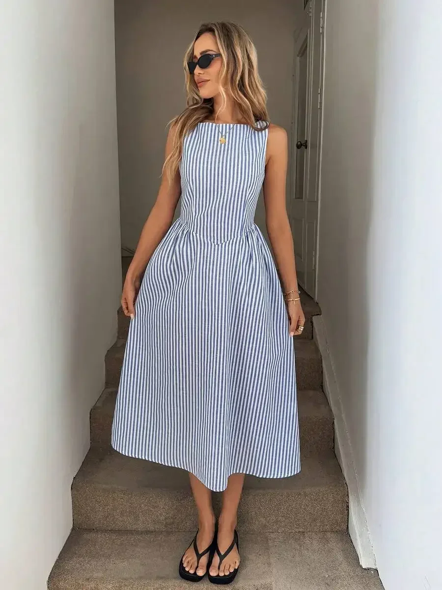 

Sleeveless Cinched Waist Ruched A-Line Midi Dress Blue White Striped Casual Resort Elegant Women