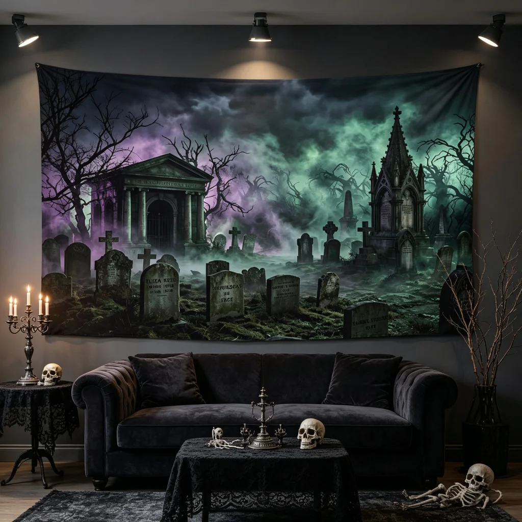 1PC Tombstone Graveyard Fog Halloween Print Backdrop Banner, Bedroom Photo Background, Polyester, Halloween Party Decoration