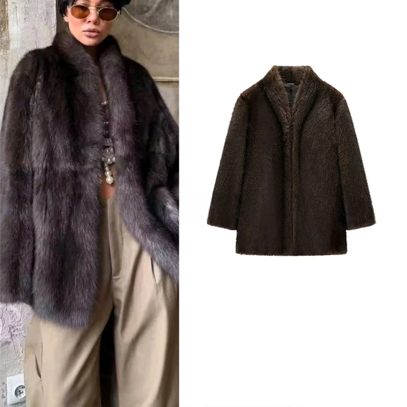 겨울 신상 여성용 심플 따뜻한 롱 코트 버튼 장식 인조 퍼 효과 중간 길이 외투 폴리에스터 섬유 코트