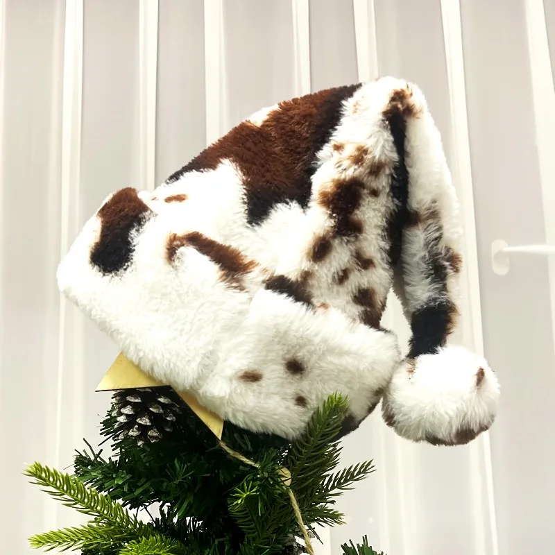 

Adult Comfortable Plush Cow Print Christmas Hat Hand Washable Holiday Headpiece | Playful Design Soft Texture Christmas Hat