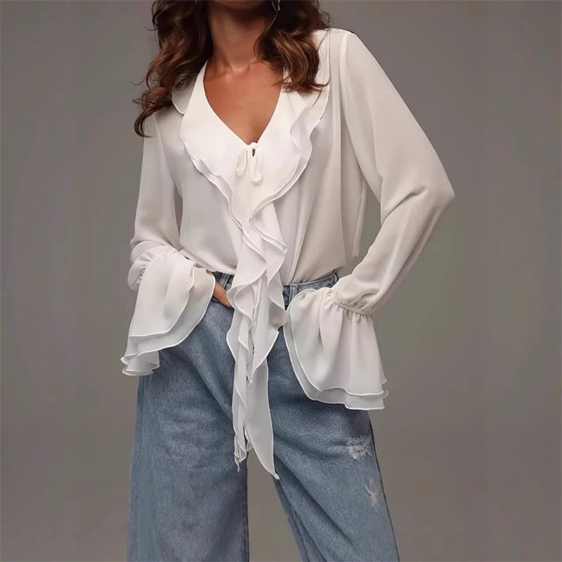 

2024, весна-лето, новая модная шифоновая рубашка с v-образным вырезом и рюшами, дышащая прозрачная блузка, женские повседневные топы