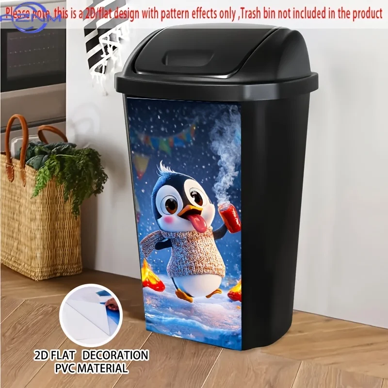 Winter Penguin with Hot Sauce Sticker, 14.57x32.28inch - Self-Adhesive PVC Trash Can Decor for Bins, Walls, Kitchen, Outdoor T