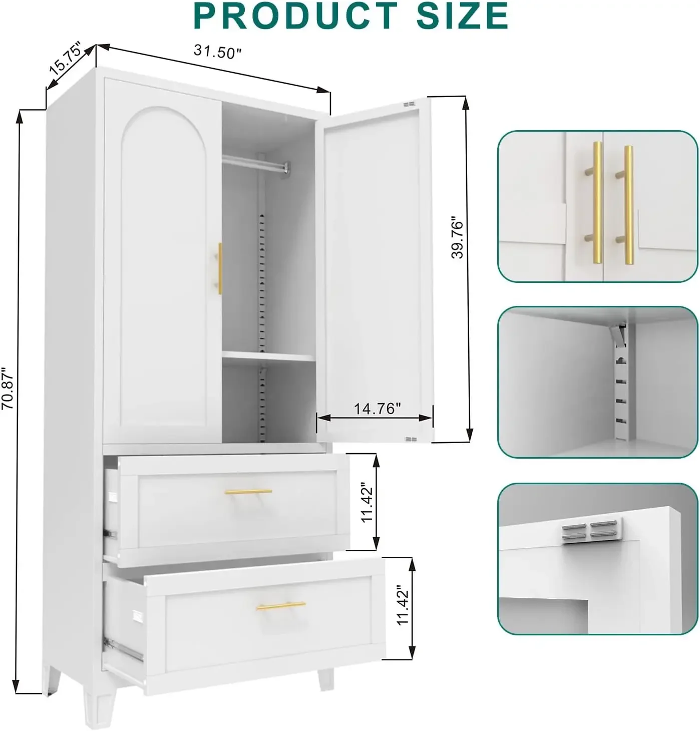 Armario de 71" con barra para colgar, estantes y cajones ajustables, armario de metal para colgar ropa para habitación de niños, dormitorio