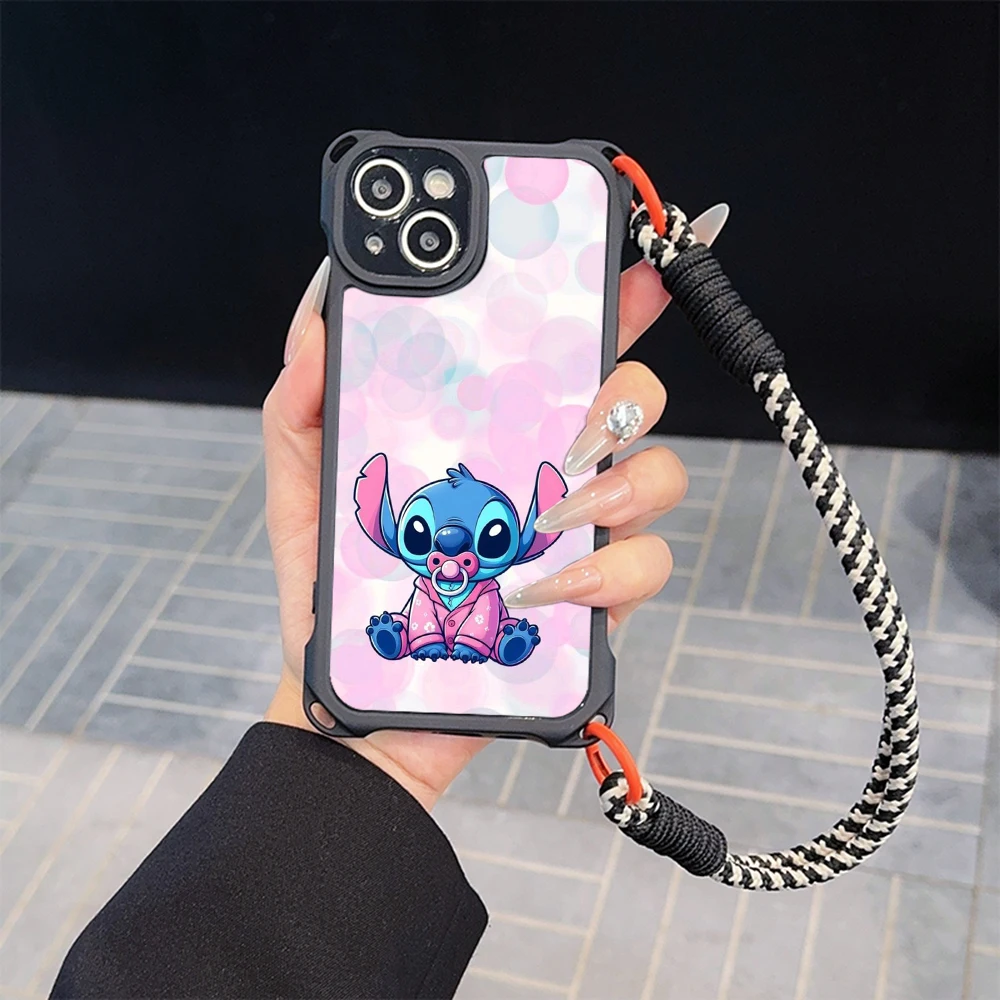 for iPhone 16 15 14 13 12 11 Pro Max Soft Phone Case Four corners anti-drop With Lanyard Rope SS37 Disney Stitch Angel