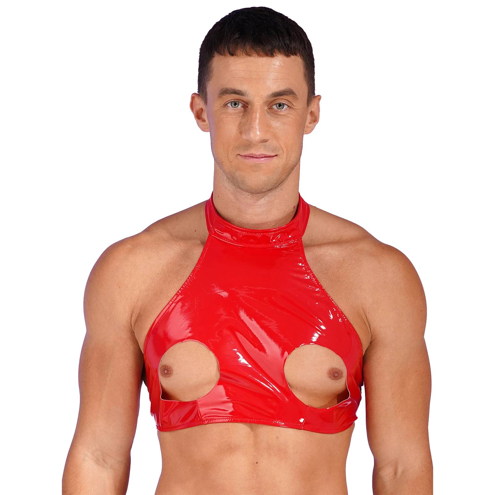 Mens Sexy Glossy Open Cup Faux Leather Bra Hollow Out Camisole Porn Breast Exposing Latex Halter Crop Tank Tops Sexi