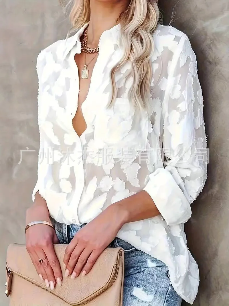 

Модная блузка из шифона, легкая блузка с жаккардовым узором, однотонная повседневная блузка, свободный летний офисный топ, дышащая рабочая рубашка