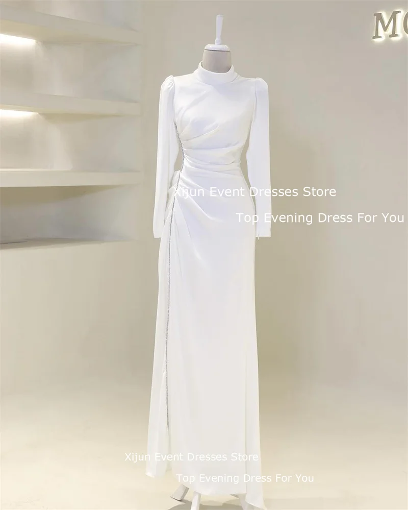 Xijun Modest Arabic Women Evening Dresses Long Sleeves High Neck Silk Satin Pleats Formal Occasion Prom Dress Party Gowns 2024