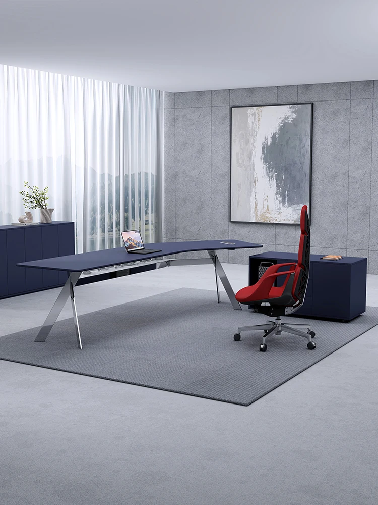 Blue Boss Table Simple Modern Stainless Steel Corner Turning Table Office Leader Single Office Desk And Chair Combination