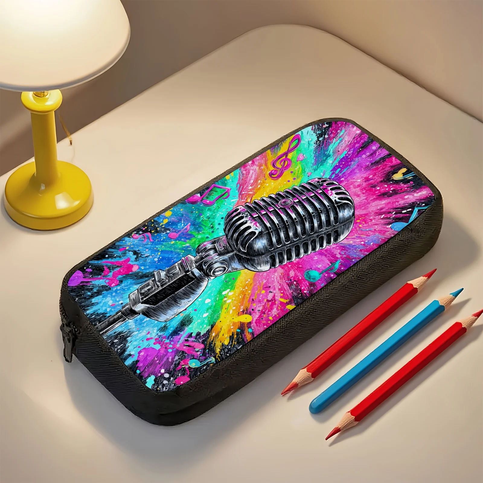 Estuche para lápices de gran capacidad, diseño de micrófono musical colorido, bolsa de almacenamiento de papelería de gran capacidad con cremallera resistente, 1 pieza