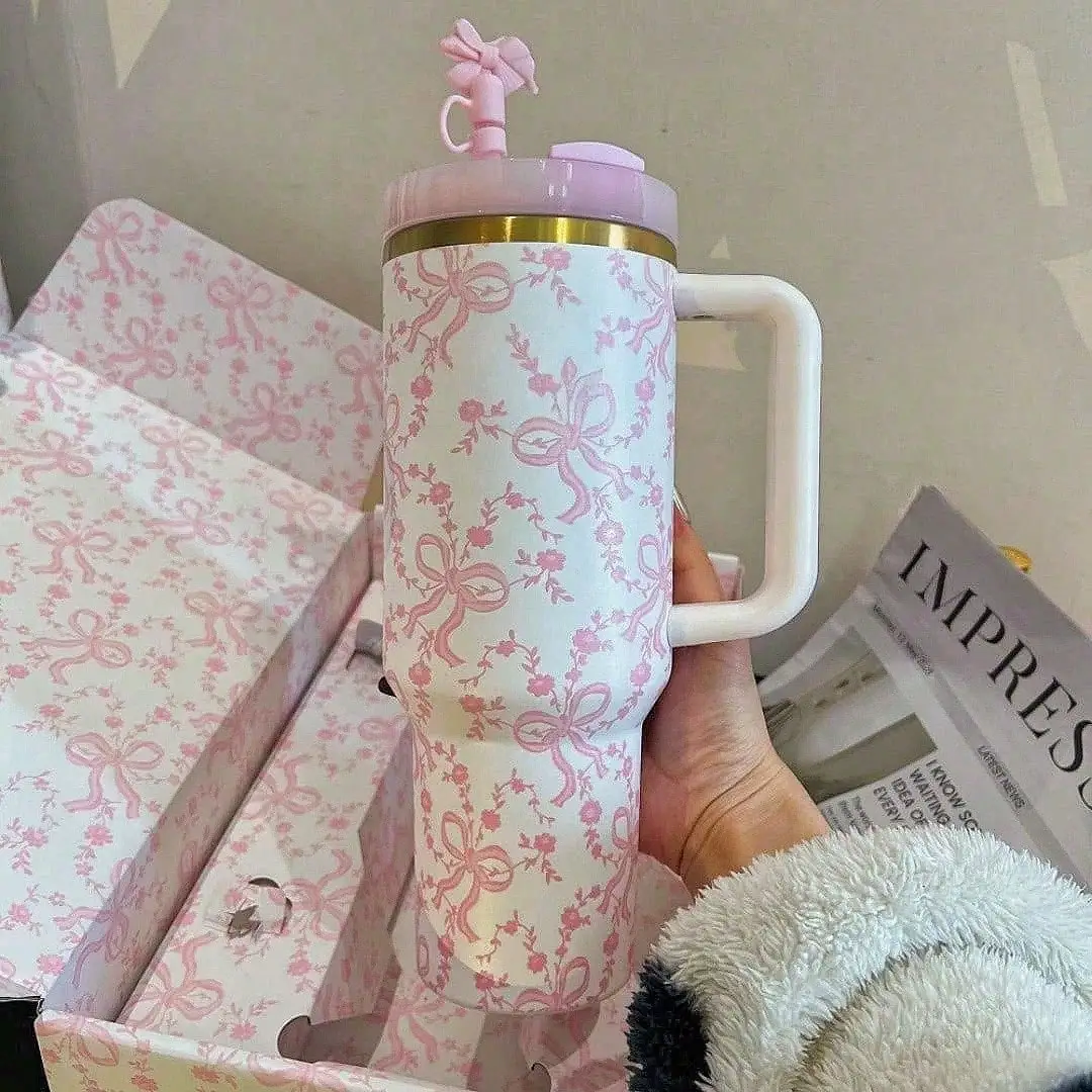 Stanly40Oz Pink Bow Insulated Tumbler,With A Comfortable Handle,Double-Walled Vacuum Insulated Stainless Steel.Large Capacity For Office,School,Outdoor,Camping, Hiking, Driving, Travel,Graduation Gifts, Valentine's Day, Birthday, Christmas, Party.