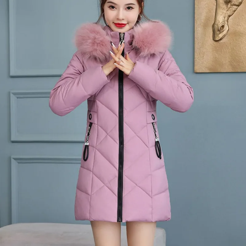 

2023 New Women Down Cotton Coat Winter Jacket Female Mid Length Version Parkas Thick Outwear Hooded Overcoat
