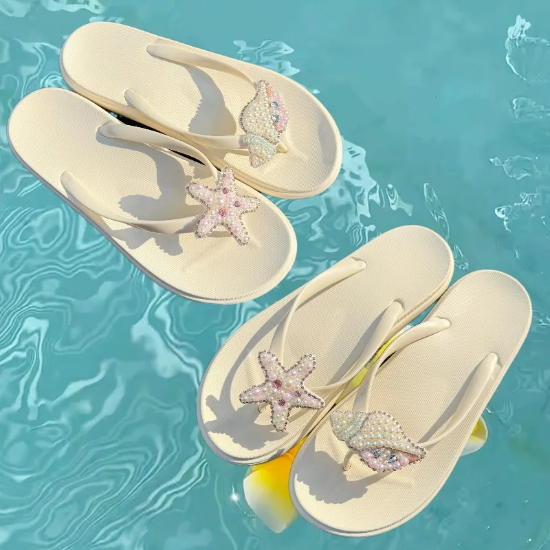 

Original Starfish Conch Sparkling Diamond Flip Flops Simple Sweet Outdoor Women's Slippers Beach Vacation Casual Sandals