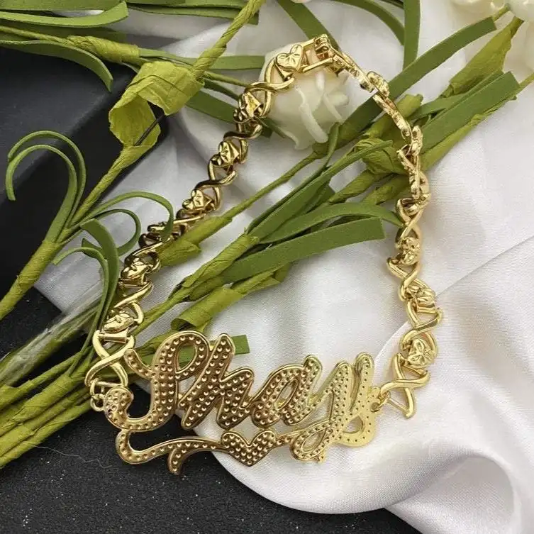 

Pendant Necklaces 18K Gold Plated Nameplate Necklace Double Layer 3D with Heart Customized Name Stainless Steel Jewelry