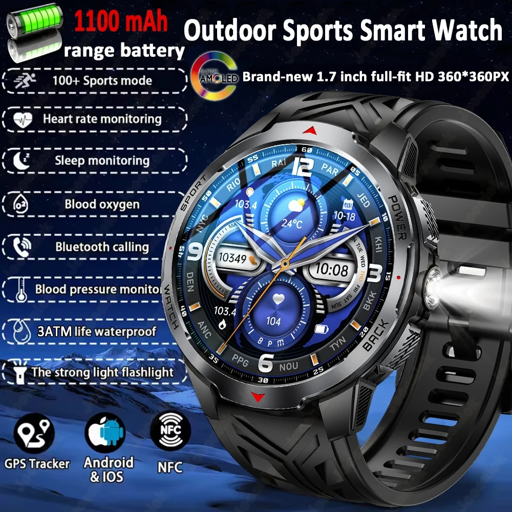 

GPS Outdoor Sports Smartwatches 1100mAh Battery Compass Men's LED Lights 5ATM Waterproof Watch Bluetooth Call Smart Watch
