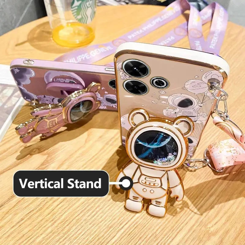 13 Brave Astronaut Holder Lanyard Plating Phone Case For Xiaomi Redmi 13 A3 12C 10 10A 9 9C 9A 9T Turbo3 12 13C Soft Back Cover