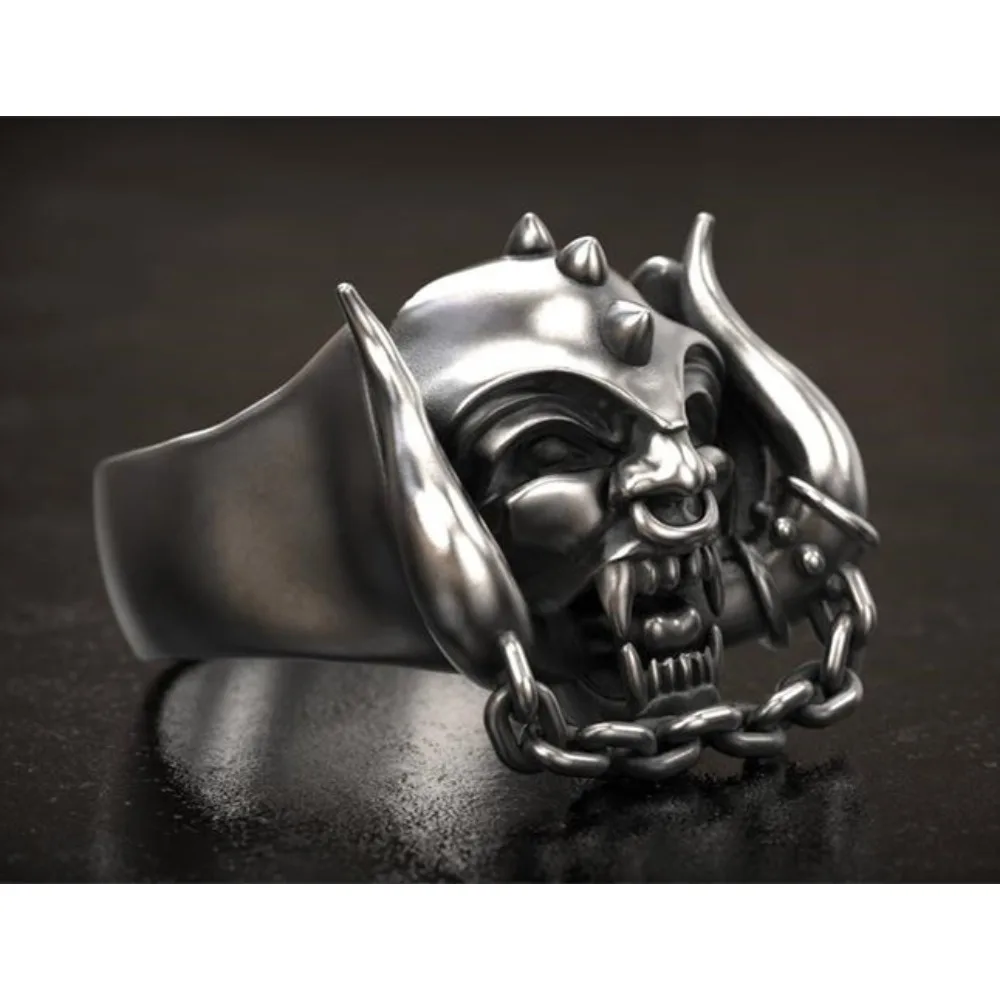 Europunk style motorcycle blackened exaggerated head skull chain ring size 6-13