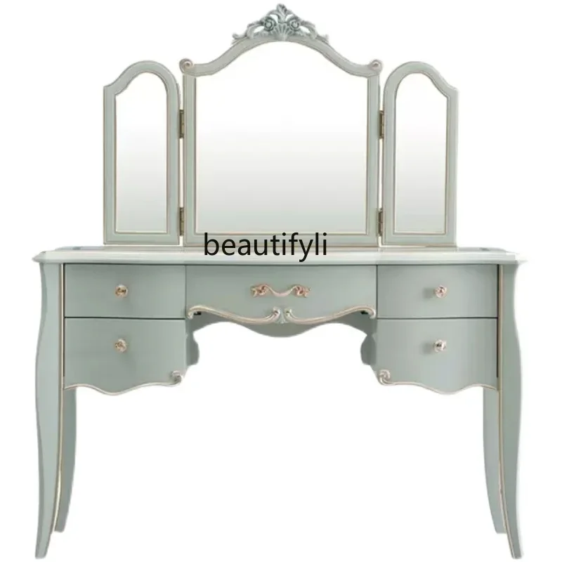 

French solid wood dresser small apartment bedroom carved makeup table, high-end European dressing table furniture