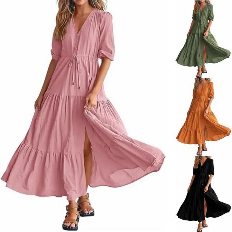 

2024 European And American Fashion V-Neck Button Drawstring Hem Slit Short-Sleeved Dress S-2XL Commuting And Outing Style