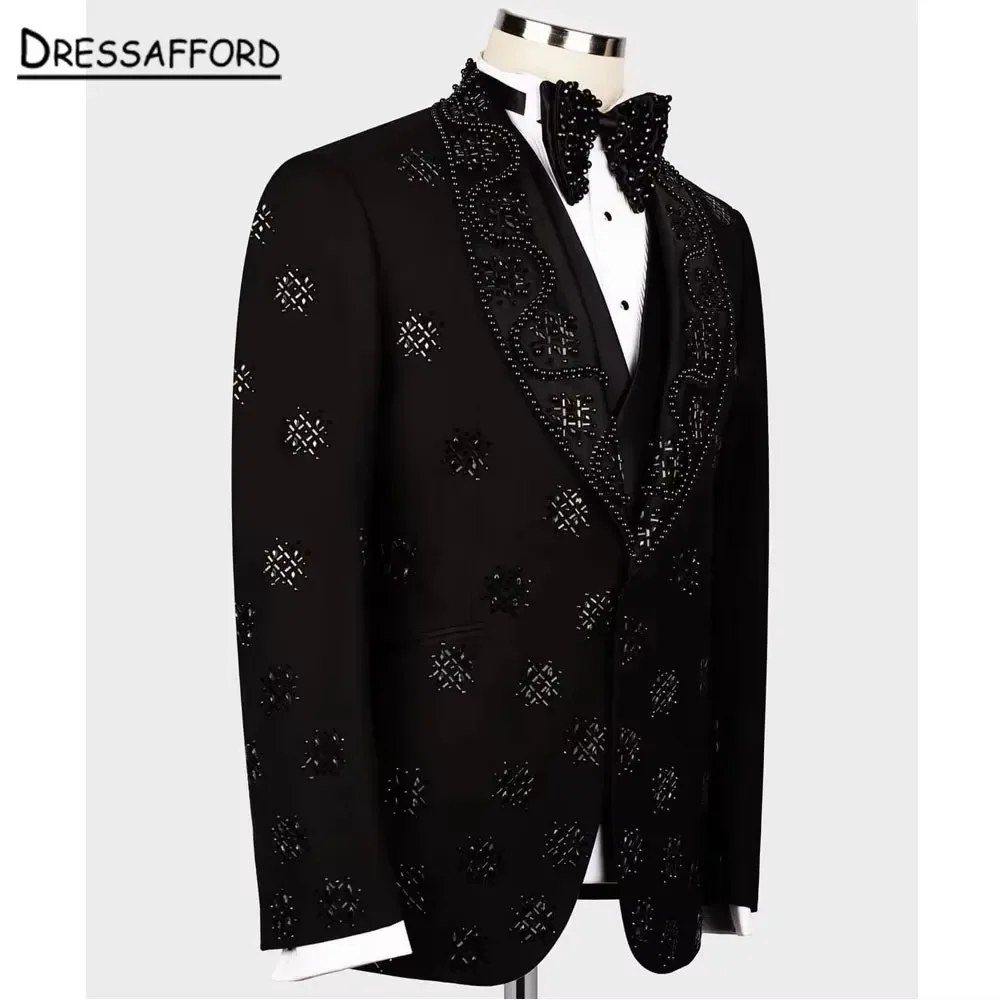 Black Luxury Pearls Beaded Men's Suits Fashion 2 Pieces Sets Groom Prom Blazers Decoration Tuxedos Men