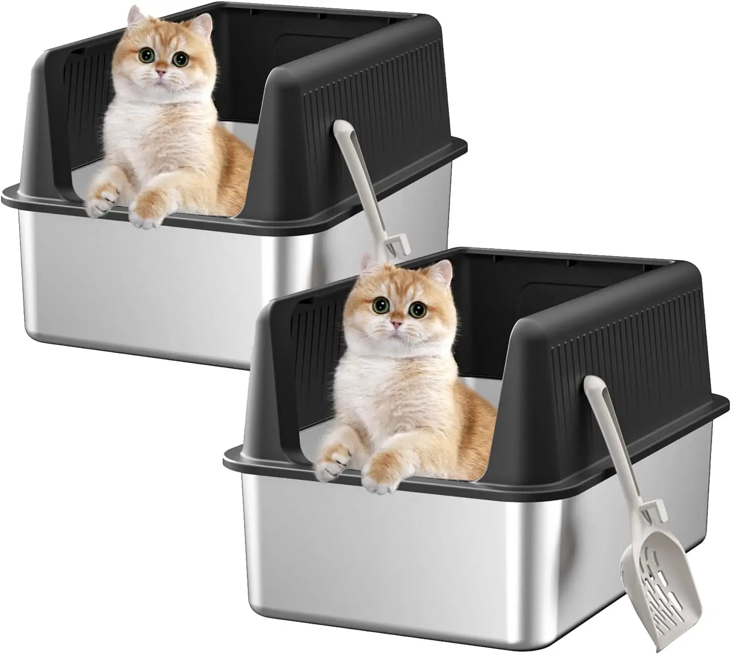 

2PACK Stainless Steel Cat Litter Box with Lid,19.7” L x 13.8” W x 11.8”H Deep,Large Metal Litter Box with High Side,