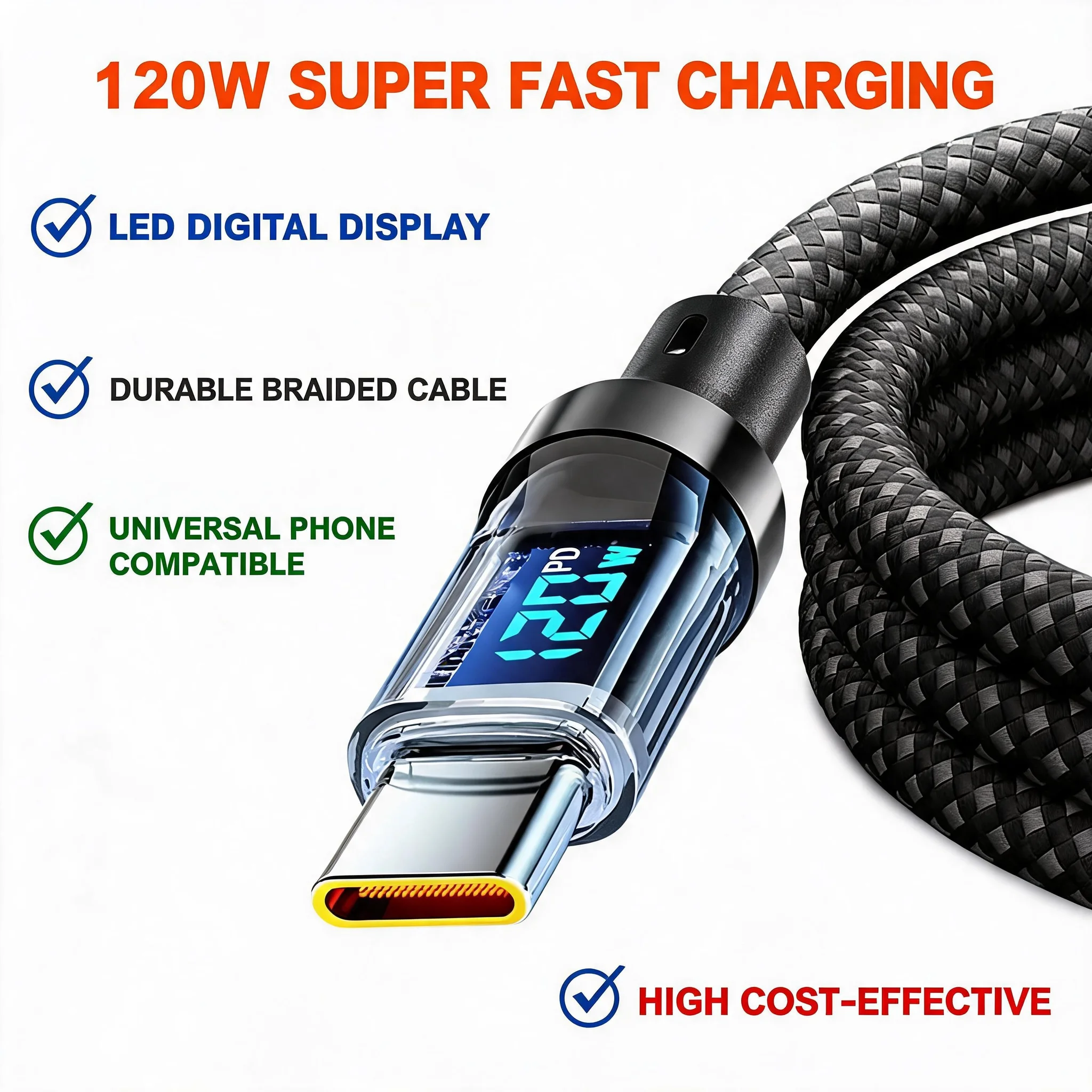 120W USB Type C Cable Fast Charging Data Cord LED Display for Xiaomi for Redmi for Samsung for Huawei - 1M/2M Options Available