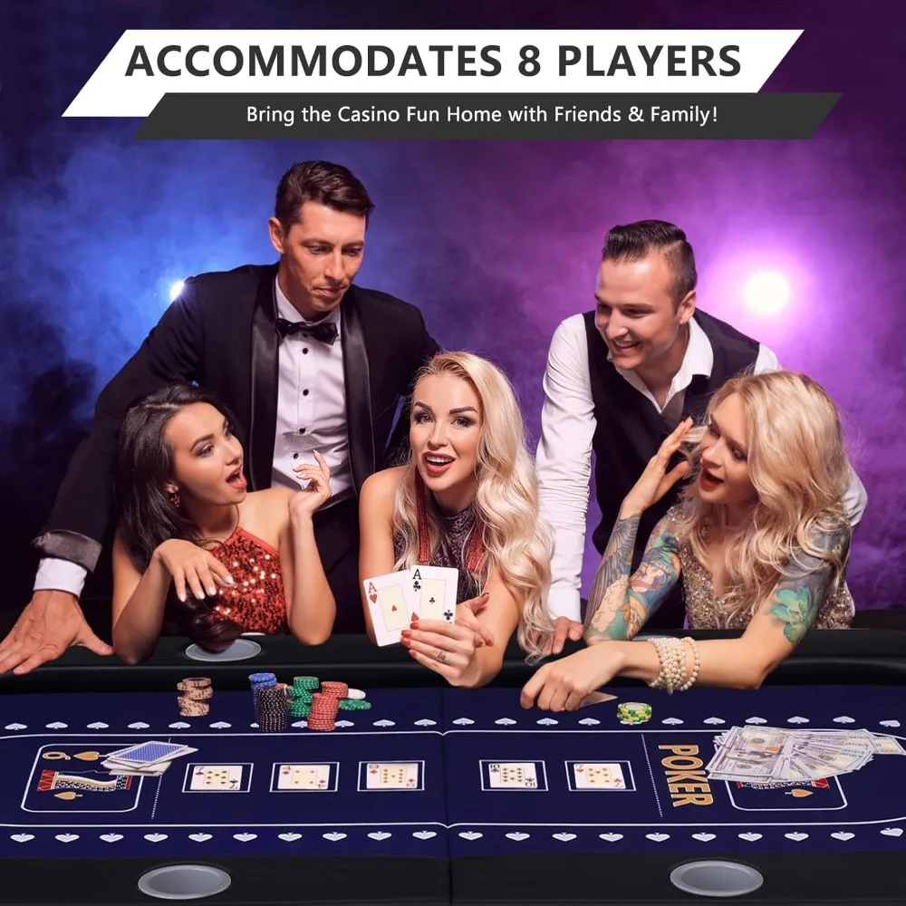 Foldable Poker Table for 8 Players, Professional Texas Hold'em Casino Table with Padded Rails & Cup Holders, Casino-Grade Felt