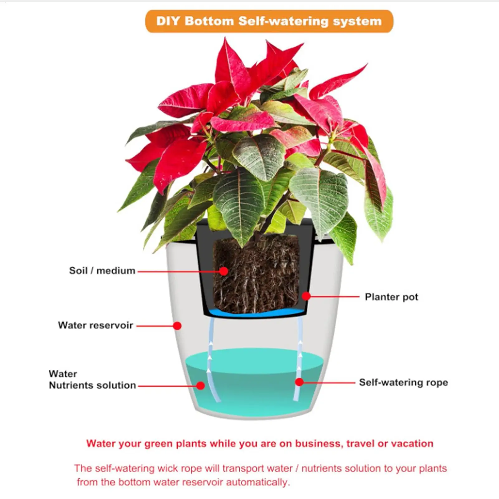 Water Wicks For Plants 2-Piece Reusable Waterer Rope Hydroponic Moisture-Wicking Cord For Flower Pot Planter Indoor Balcony