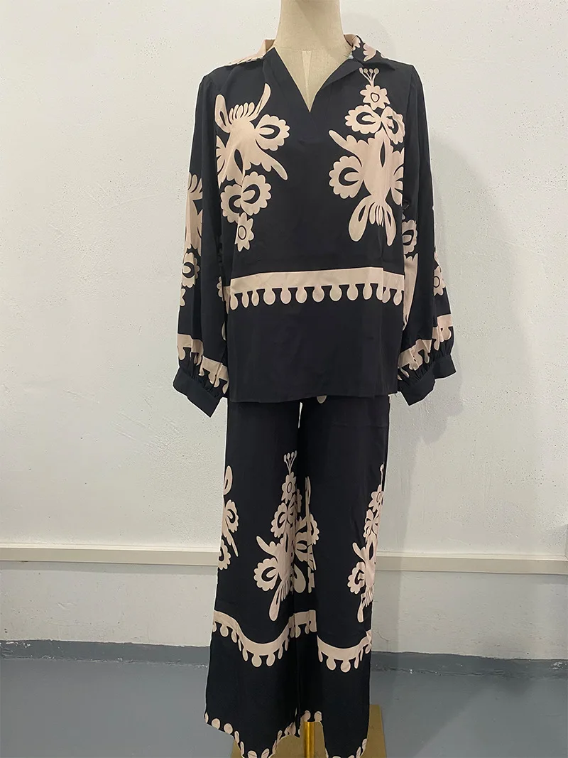 

Женские комплекты брюк, спортивный костюм, пуловер с v-образным вырезом и длинными рукавами, топы с принтом, широкие брюки до щиколотки, свободные карманы из двух предметов, 2025